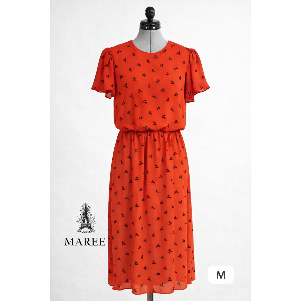 Vintage Maree Red Black Triangle Print Blouson Midi Dress Short Flutter Sleeve M